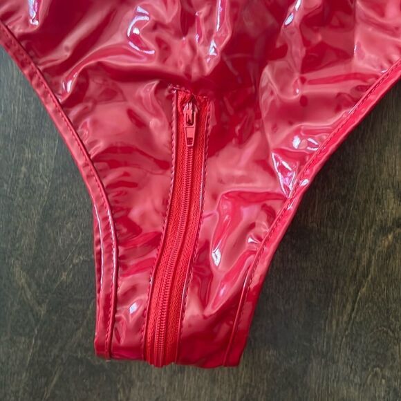 New Wet Look Patent Leather Red Bodysuit Zipper Catsuit Open Crotch Ling… - Picture 11 of 16